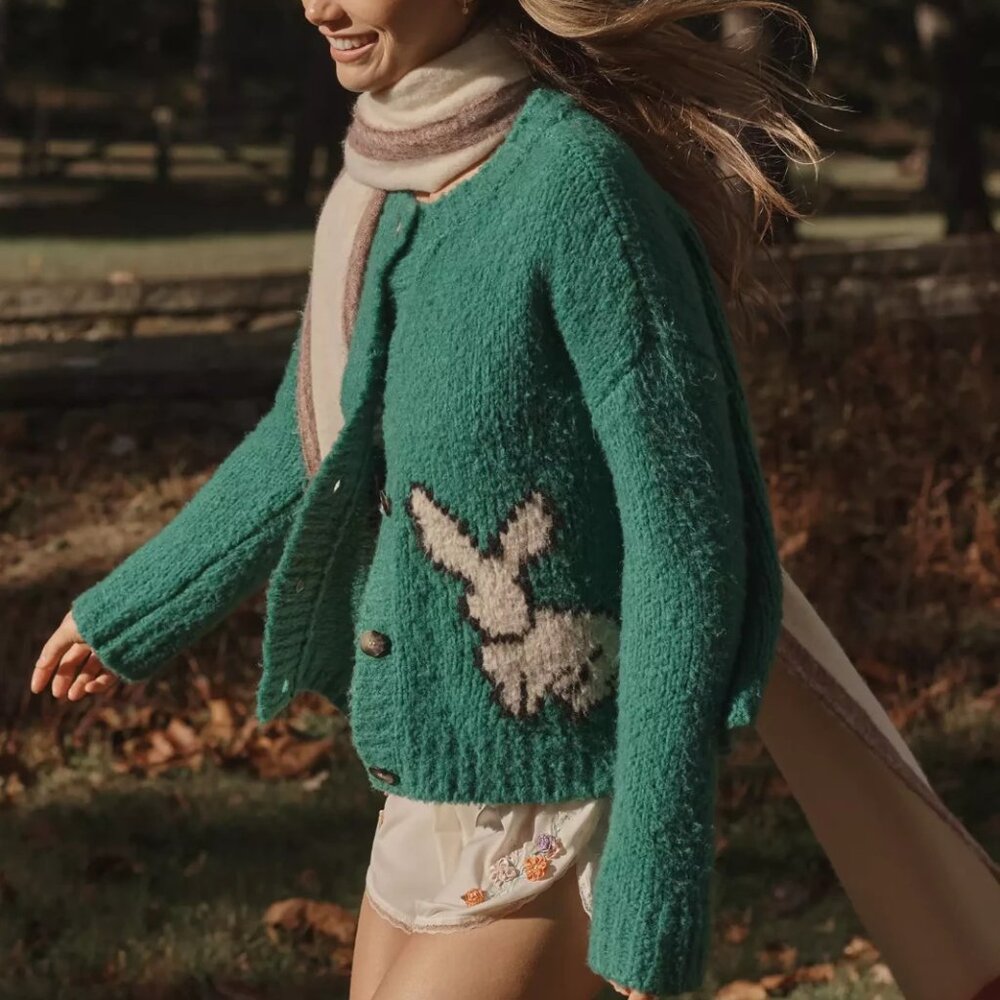 Anthropologie Maeve Bunny Slope Cardigan Sweater Green 2X NWT Bunnies Plus Size - Picture 4 of 6